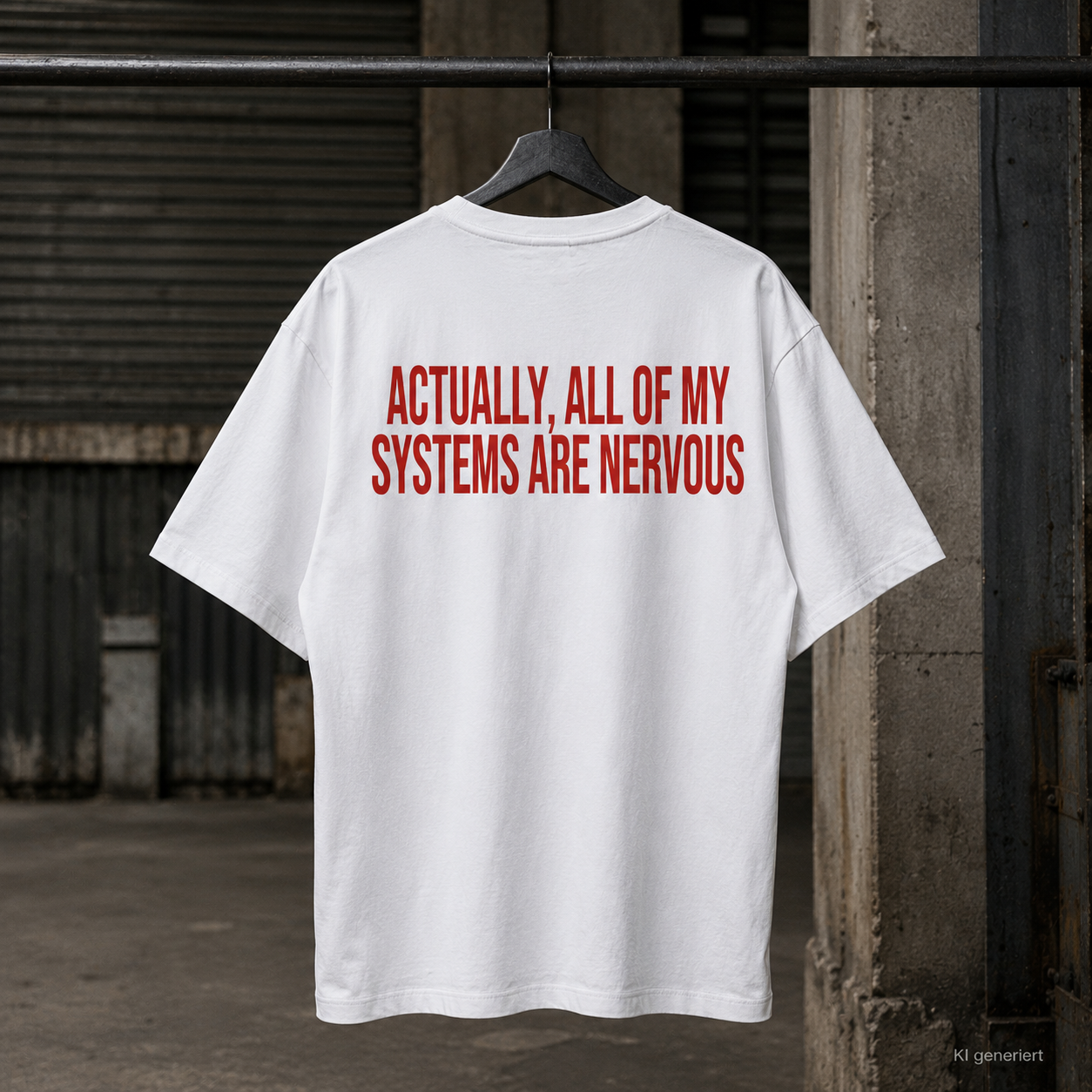 ACTUALLY, ALL OF MY SYSTEMS ARE NERVOUS – Weißes Oversize Unisex T-Shirt mit rotem Backprint | Statement Streetwear Shirt