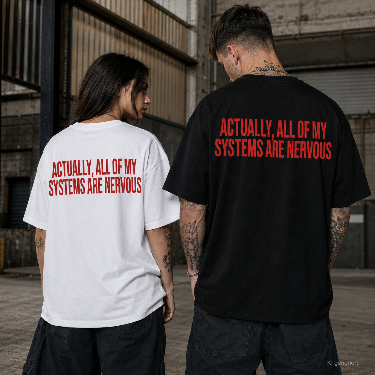 ACTUALLY, ALL OF MY SYSTEMS ARE NERVOUS – Weißes Oversize Unisex T-Shirt mit rotem Backprint | Statement Streetwear Shirt
