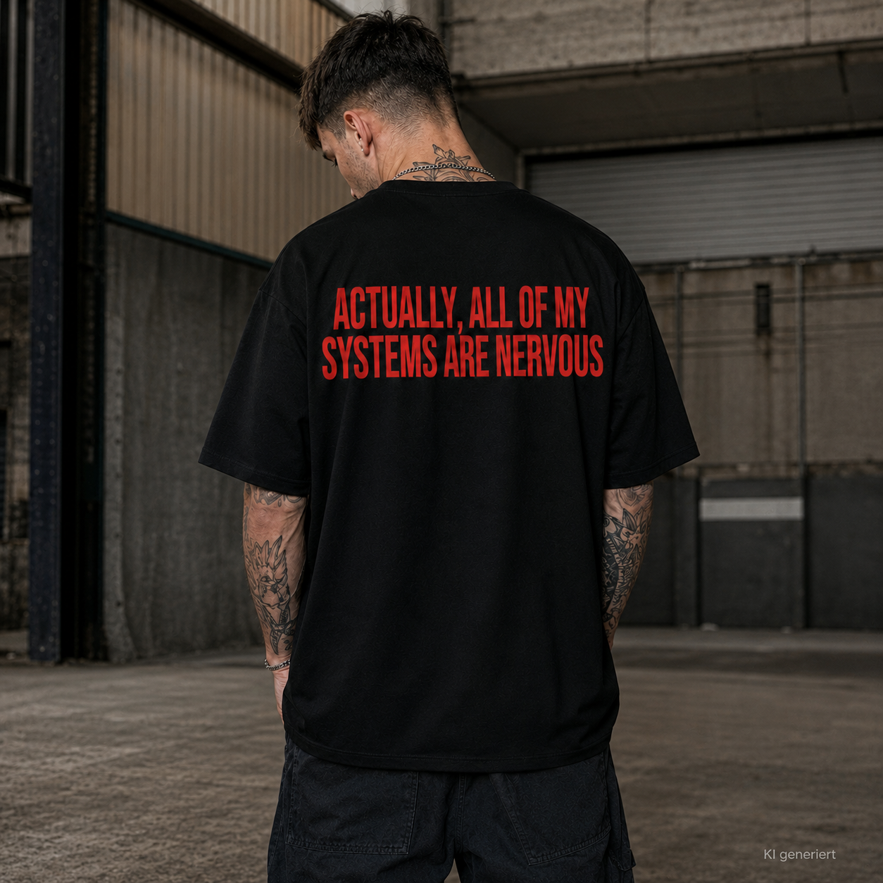 ACTUALLY, ALL OF MY SYSTEMS ARE NERVOUS – Weißes Oversize Unisex T-Shirt mit rotem Backprint | Statement Streetwear Shirt