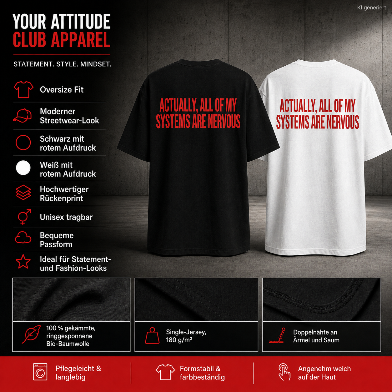 ACTUALLY, ALL OF MY SYSTEMS ARE NERVOUS – Weißes Oversize Unisex T-Shirt mit rotem Backprint | Statement Streetwear Shirt