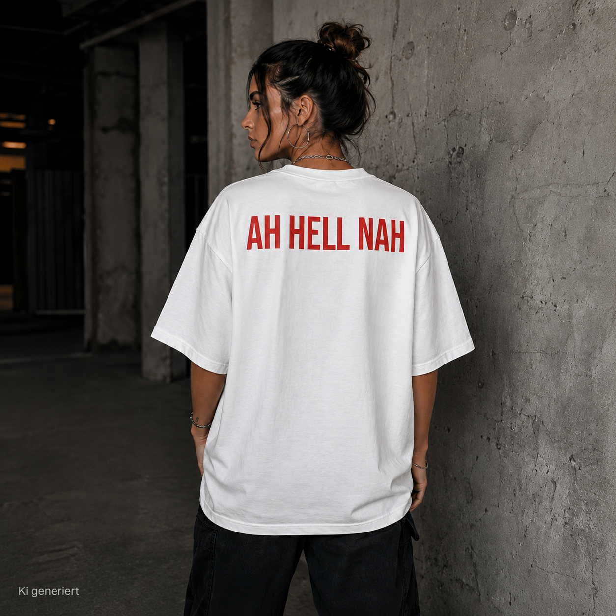 AH HELL NAH – Weißes Oversize T-Shirt Unisex mit rotem Backprint | Statement Shirt Streetwear Bio-Baumwolle