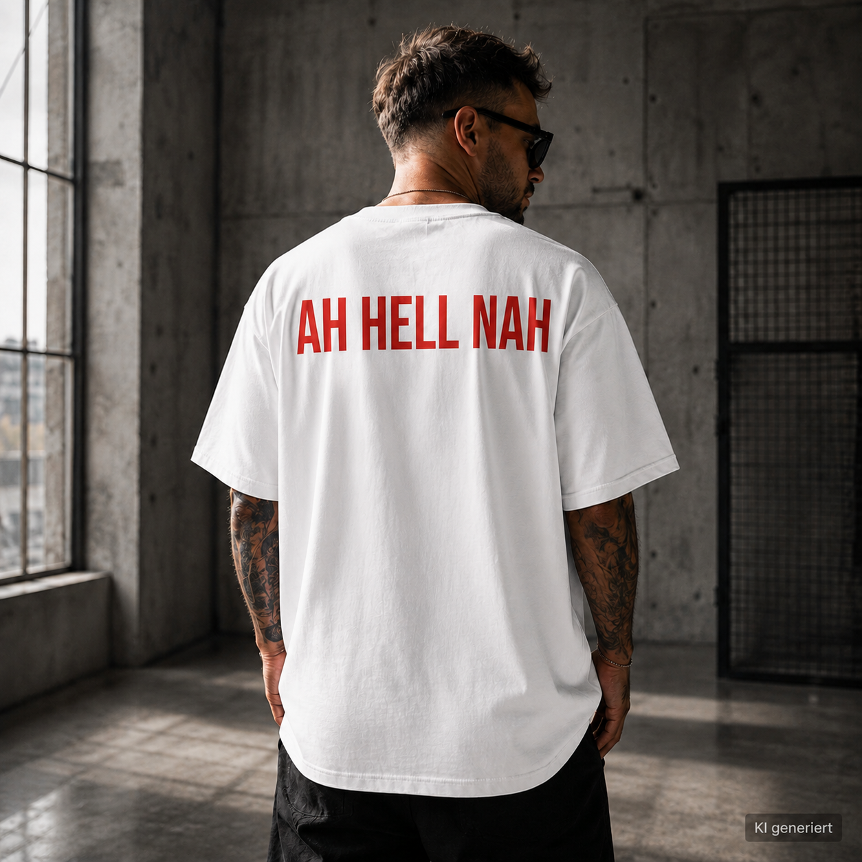 AH HELL NAH – Weißes Oversize T-Shirt Unisex mit rotem Backprint | Statement Shirt Streetwear Bio-Baumwolle