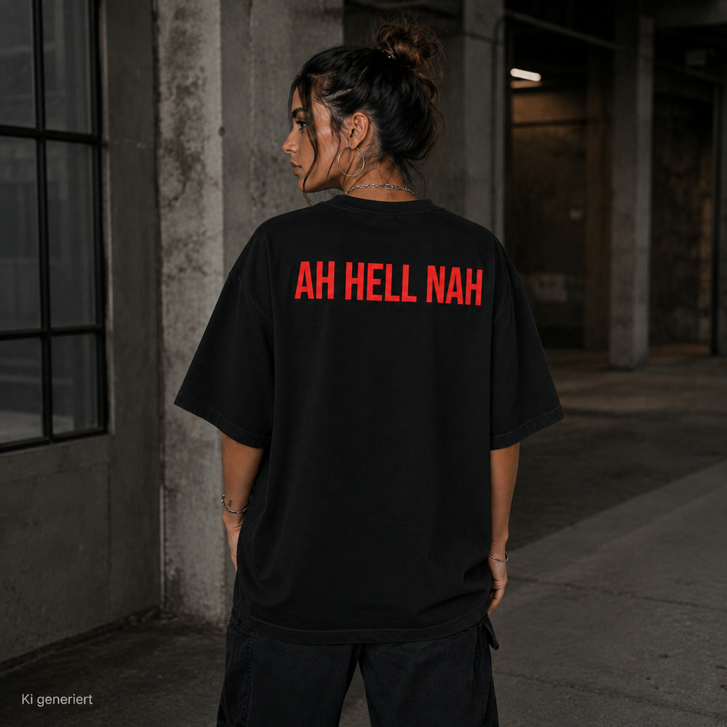 AH HELL NAH – Weißes Oversize T-Shirt Unisex mit rotem Backprint | Statement Shirt Streetwear Bio-Baumwolle