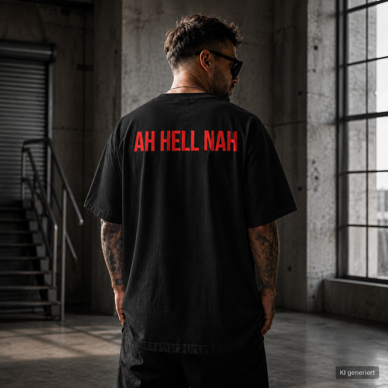 AH HELL NAH – Schwarzes Oversize T-Shirt Unisex mit rotem Backprint | Statement Shirt Streetwear Bio-Baumwolle