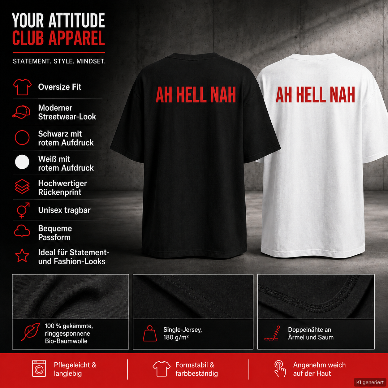 AH HELL NAH – Weißes Oversize T-Shirt Unisex mit rotem Backprint | Statement Shirt Streetwear Bio-Baumwolle
