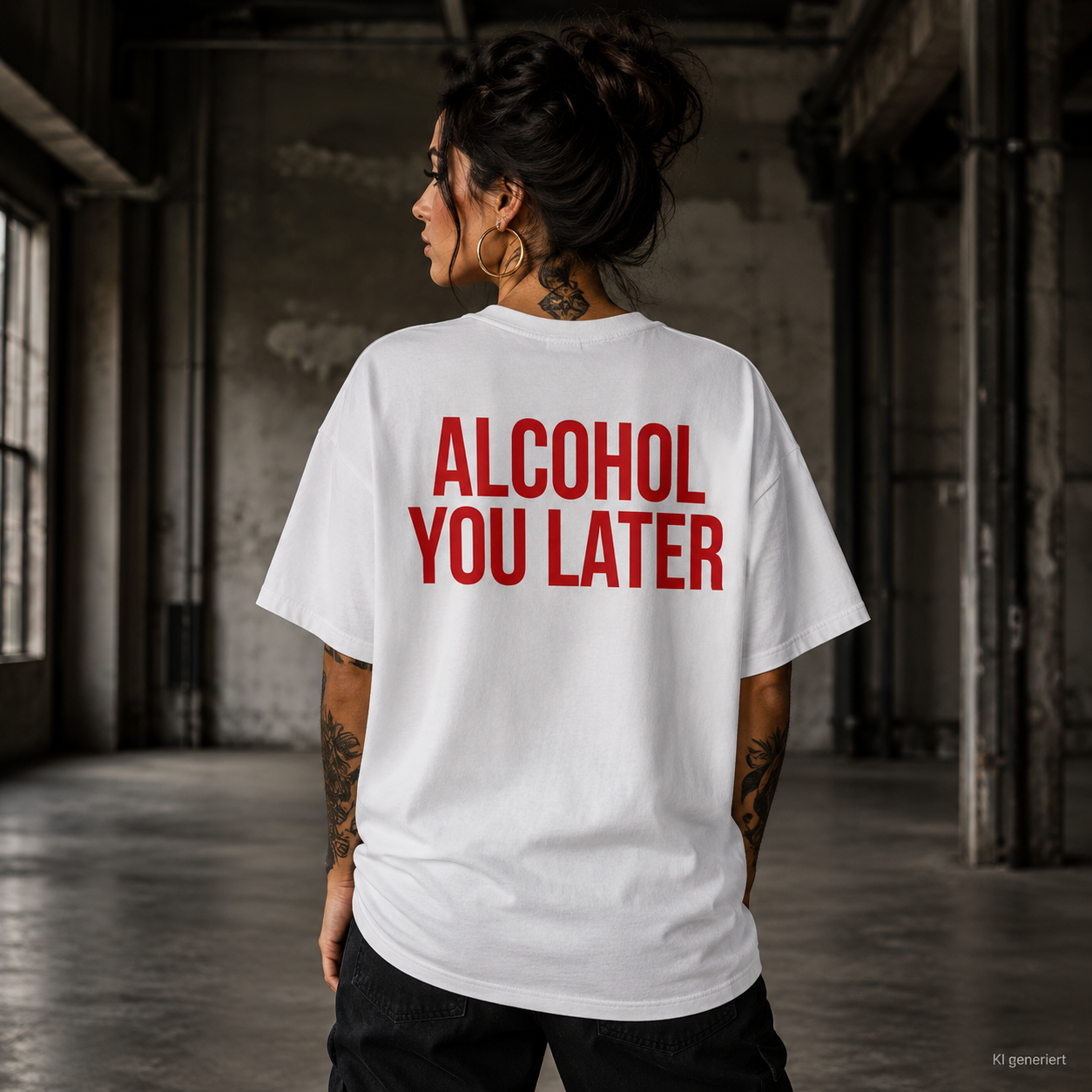 ALCOHOL YOU LATER – Weißes Oversize T-Shirt Unisex mit rotem Backprint | Statement Shirt Streetwear