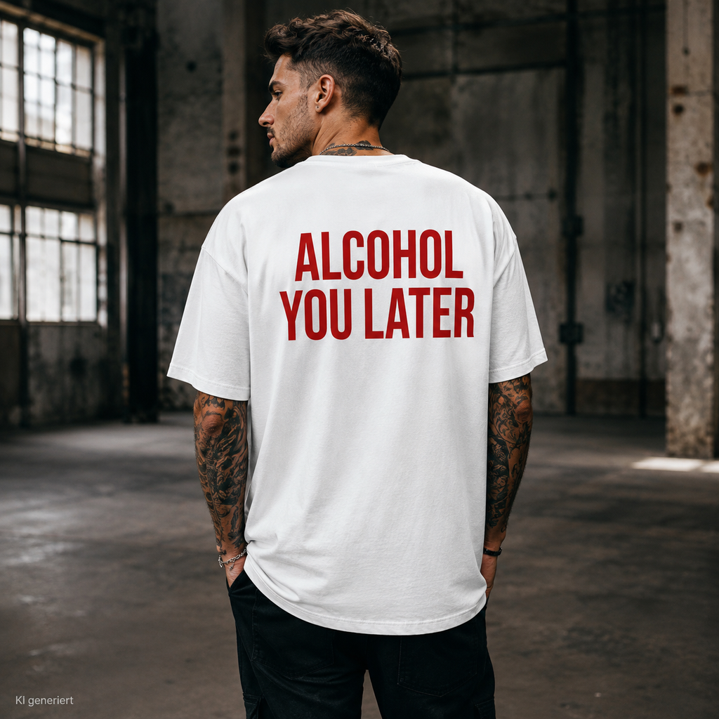 ALCOHOL YOU LATER – Weißes Oversize T-Shirt Unisex mit rotem Backprint | Statement Shirt Streetwear