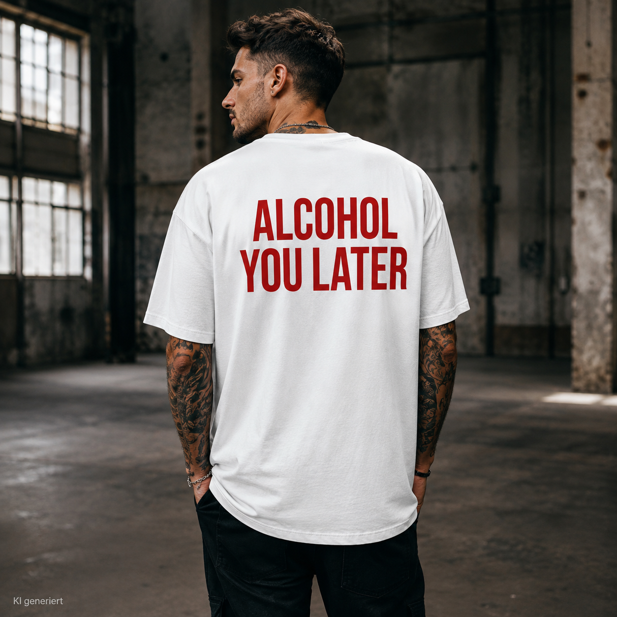ALCOHOL YOU LATER – Weißes Oversize T-Shirt Unisex mit rotem Backprint | Statement Shirt Streetwear