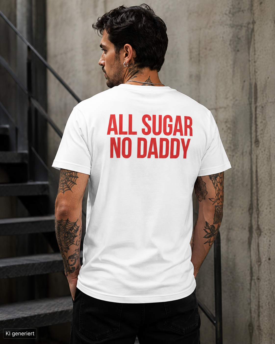 ALL SUGAR NO DADDY – Weißes Regular Fit T-Shirt Unisex mit rotem Backprint | Statement Shirt Streetwear S–5XL