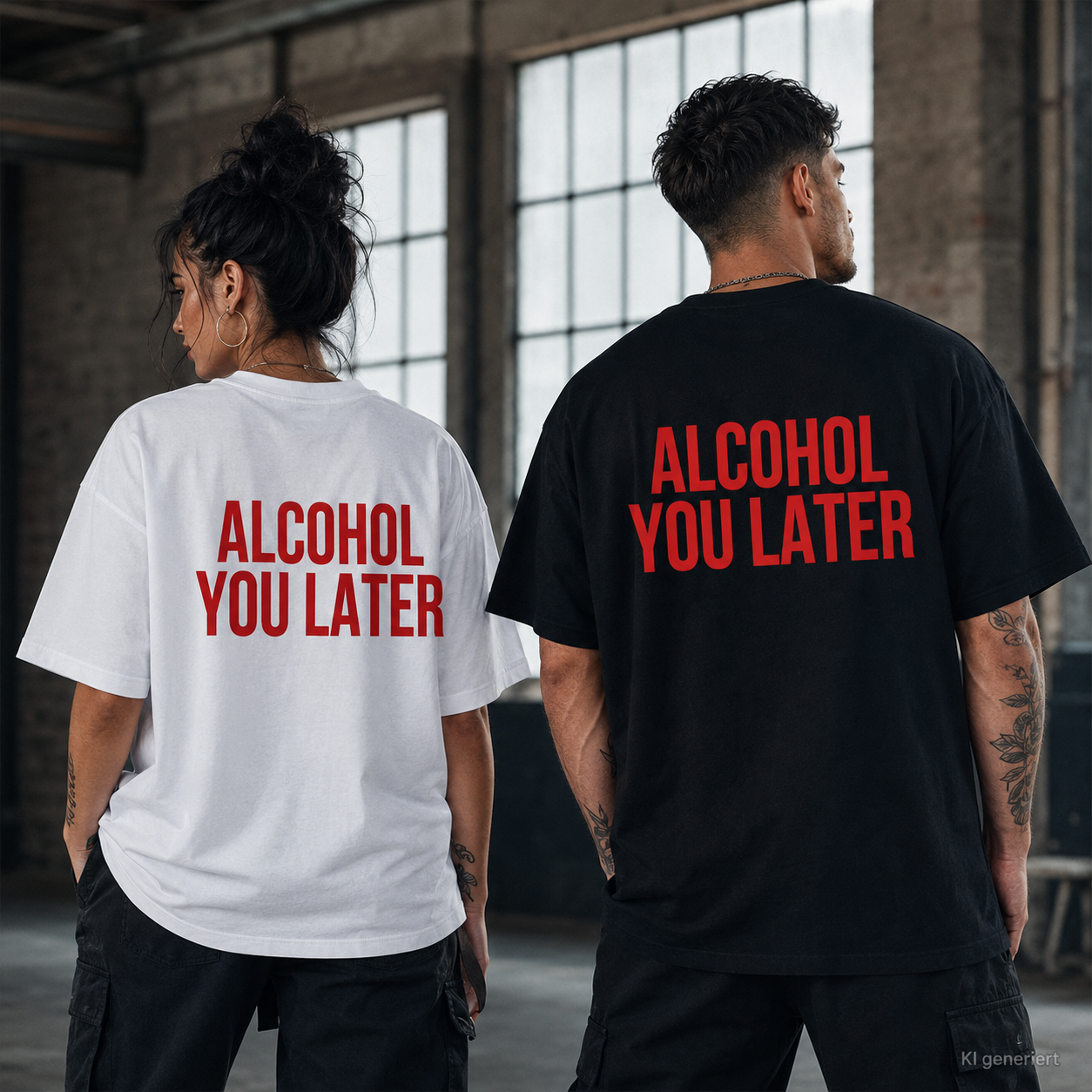 ALCOHOL YOU LATER – Weißes Oversize T-Shirt Unisex mit rotem Backprint | Statement Shirt Streetwear