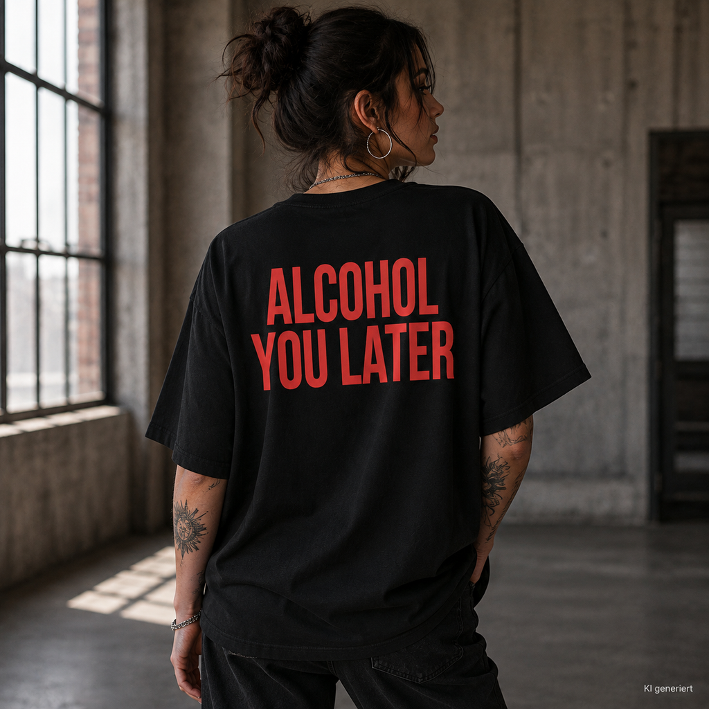 ALCOHOL YOU LATER – Weißes Oversize T-Shirt Unisex mit rotem Backprint | Statement Shirt Streetwear