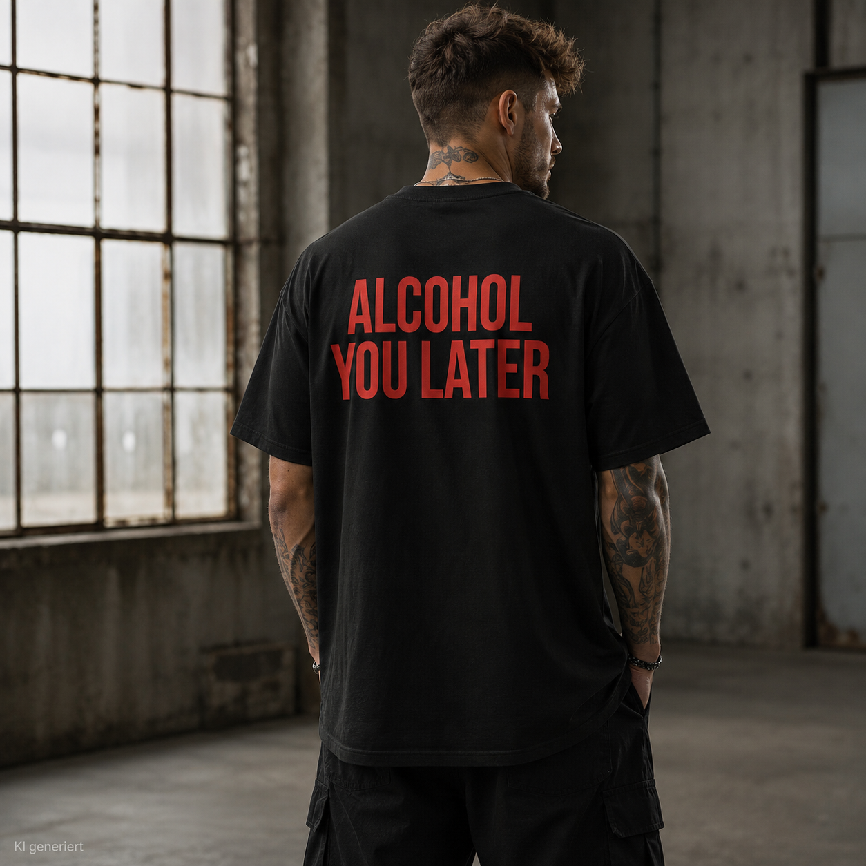 ALCOHOL YOU LATER – Schwarzes Oversize T-Shirt Unisex mit rotem Backprint | Statement Shirt Streetwear