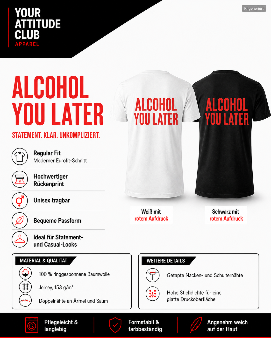 ALCOHOL YOU LATER – Weißes Regular Fit T-Shirt Unisex mit rotem Backprint | Statement Shirt Streetwear S–5XL