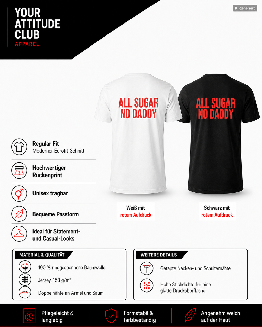 ALL SUGAR NO DADDY – Weißes Regular Fit T-Shirt Unisex mit rotem Backprint | Statement Shirt Streetwear S–5XL