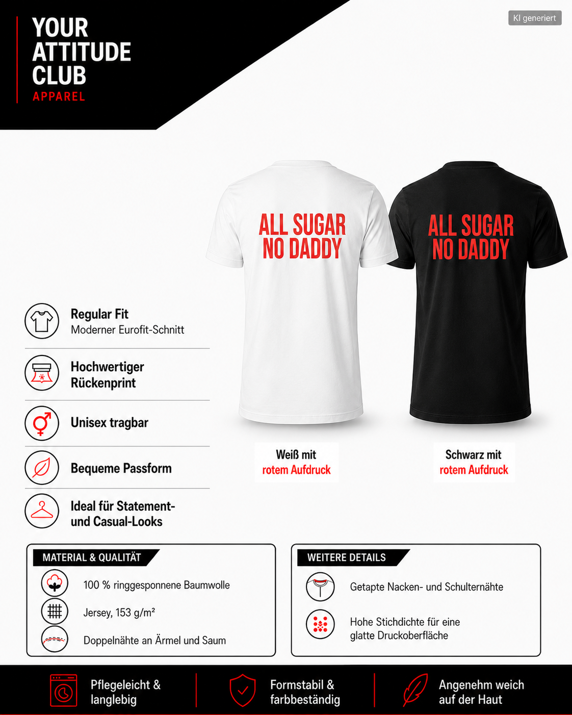 ALL SUGAR NO DADDY – Weißes Regular Fit T-Shirt Unisex mit rotem Backprint | Statement Shirt Streetwear S–5XL