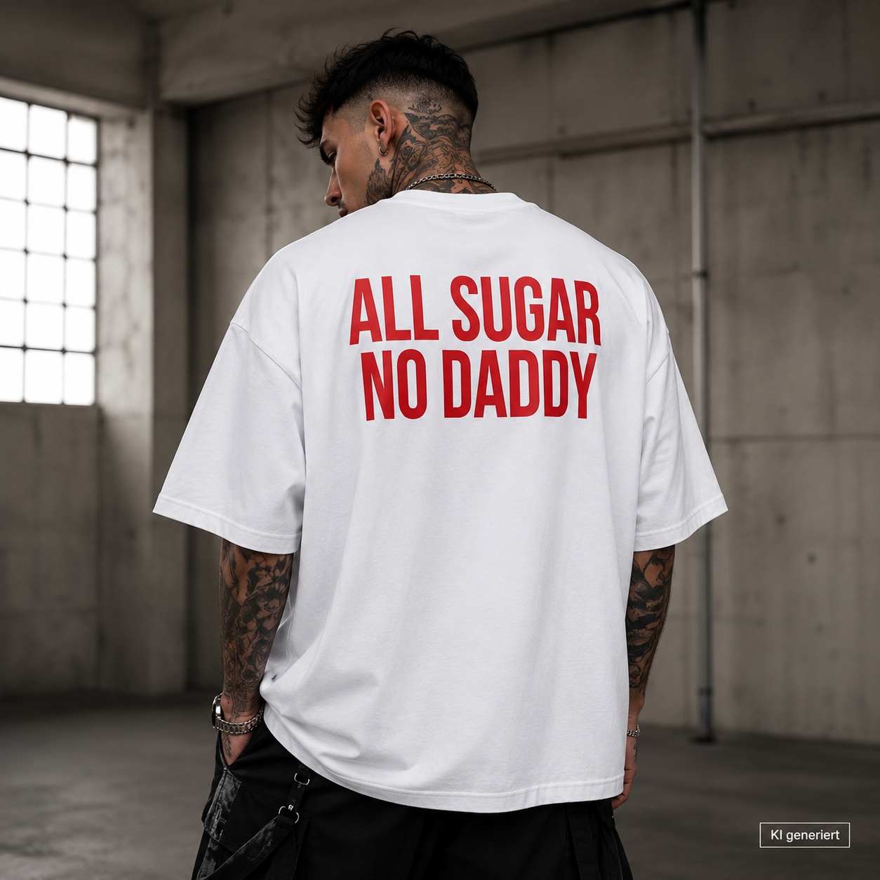 ALL SUGAR NO DADDY – Weißes Oversize T-Shirt Unisex mit rotem Backprint | Statement Shirt Streetwear Bio-Baumwolle
