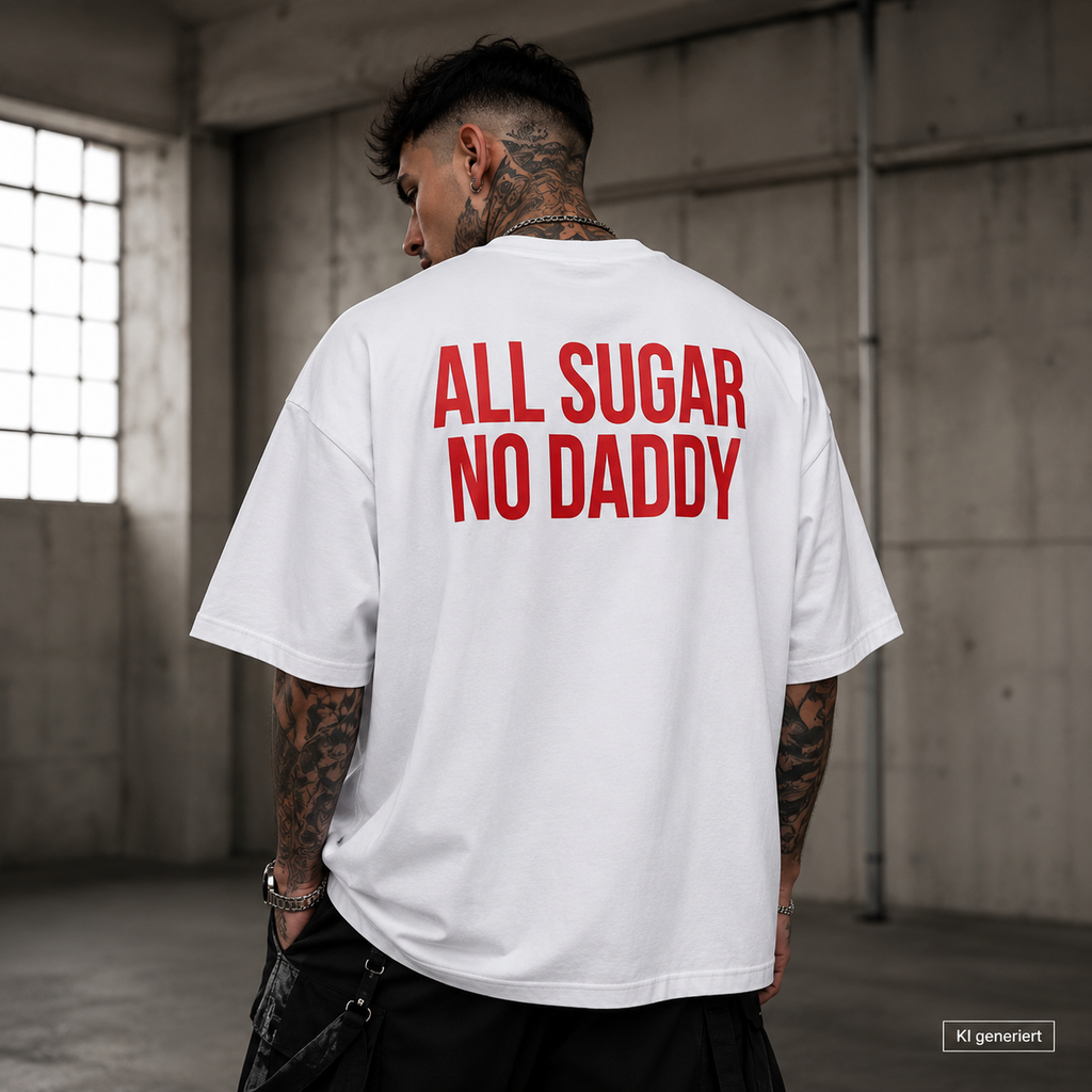 ALL SUGAR NO DADDY – Schwarzes Oversize T-Shirt Unisex mit rotem Backprint | Statement Shirt Streetwear Bio-Baumwolle