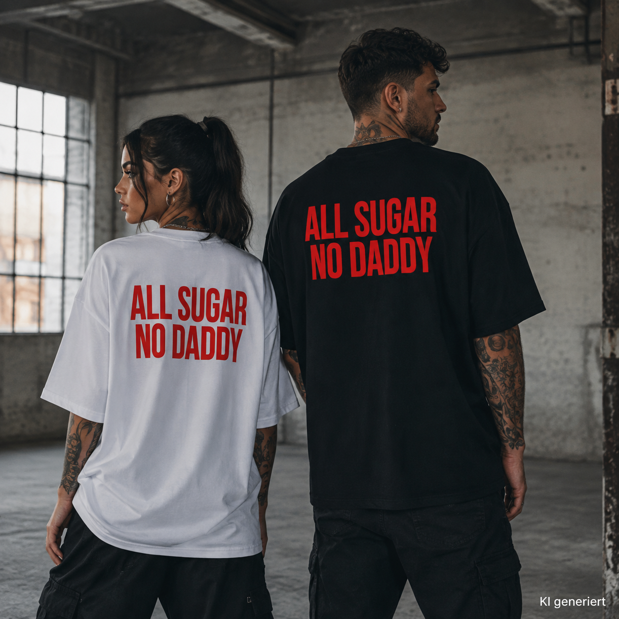 ALL SUGAR NO DADDY – Weißes Oversize T-Shirt Unisex mit rotem Backprint | Statement Shirt Streetwear Bio-Baumwolle