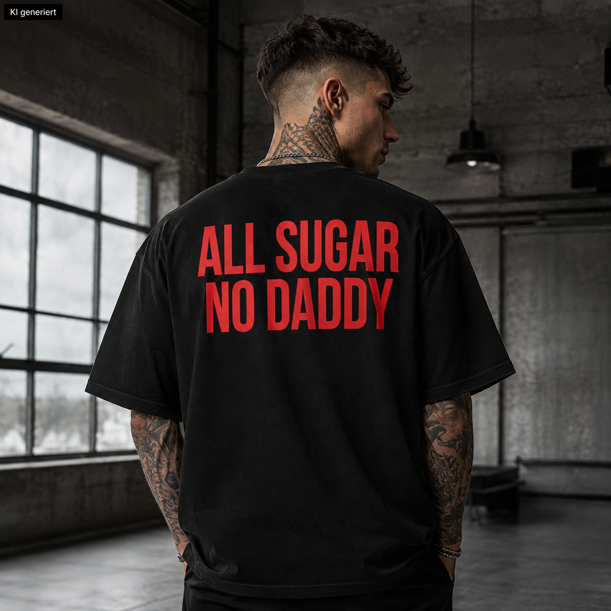 ALL SUGAR NO DADDY – Weißes Oversize T-Shirt Unisex mit rotem Backprint | Statement Shirt Streetwear Bio-Baumwolle