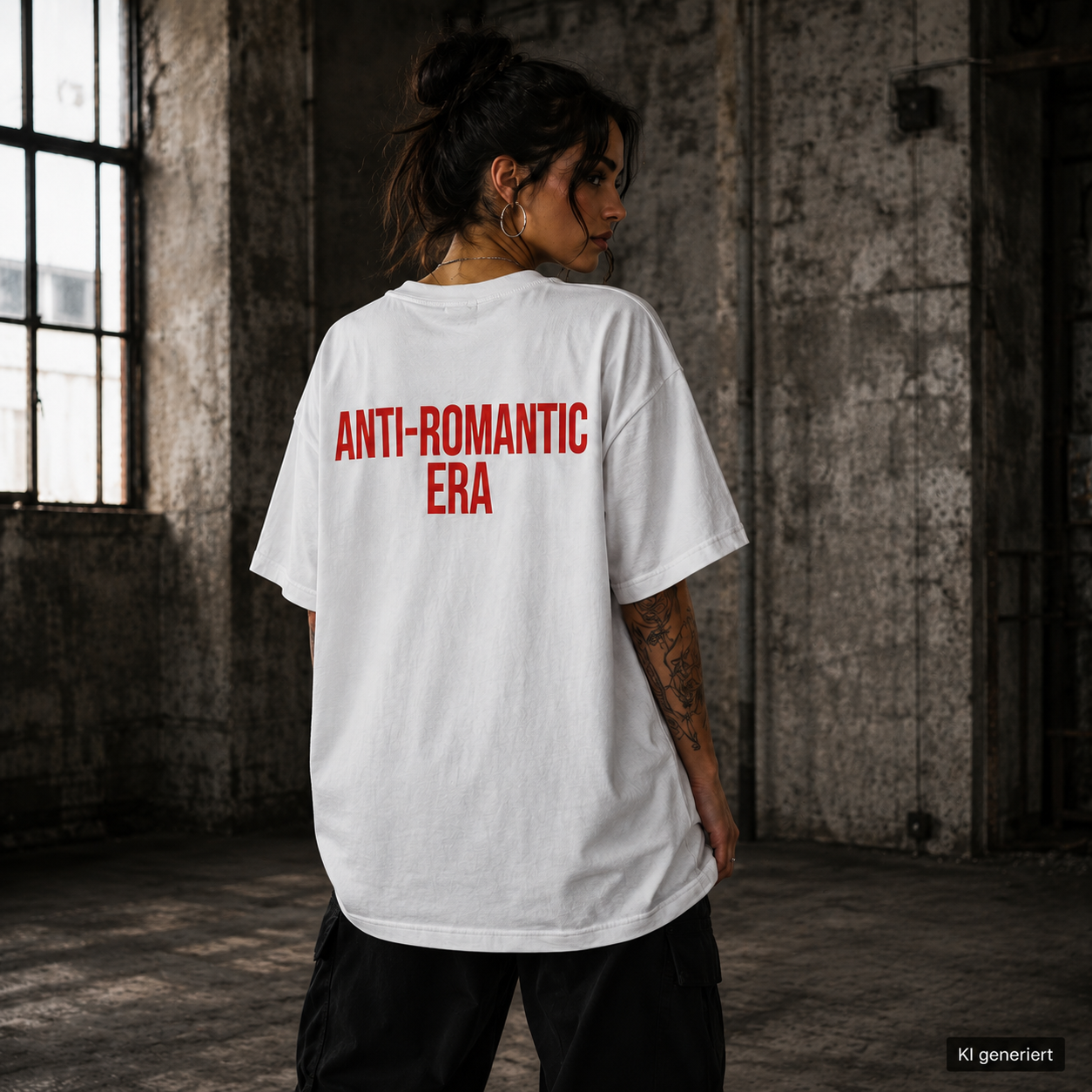ANTI-ROMANTIC ERA – Weißes Oversize T-Shirt Unisex mit rotem Backprint | Statement Shirt Streetwear Bio-Baumwolle
