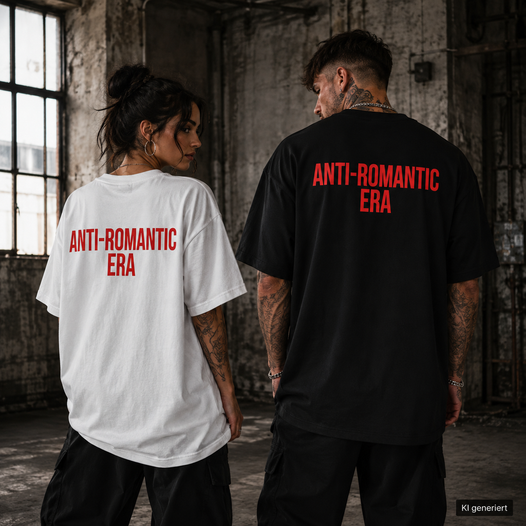 ANTI-ROMANTIC ERA – Weißes Oversize T-Shirt Unisex mit rotem Backprint | Statement Shirt Streetwear Bio-Baumwolle