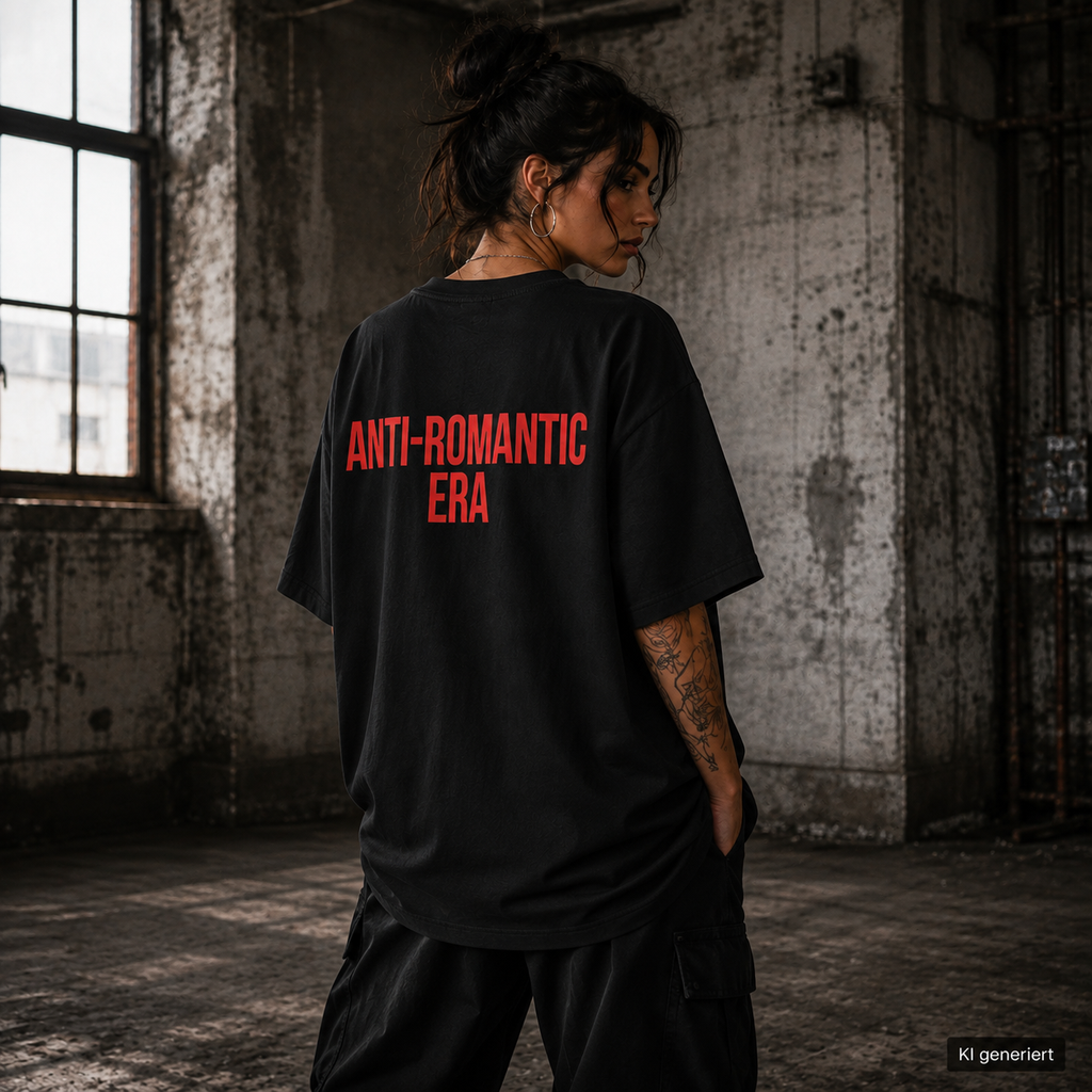 ANTI-ROMANTIC ERA – Weißes Oversize T-Shirt Unisex mit rotem Backprint | Statement Shirt Streetwear Bio-Baumwolle