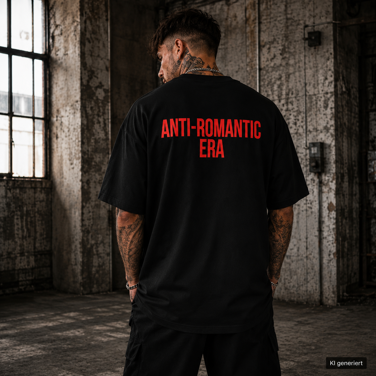 ANTI-ROMANTIC ERA – Schwarzes Oversize T-Shirt Unisex mit rotem Backprint | Statement Shirt Streetwear Bio-Baumwolle