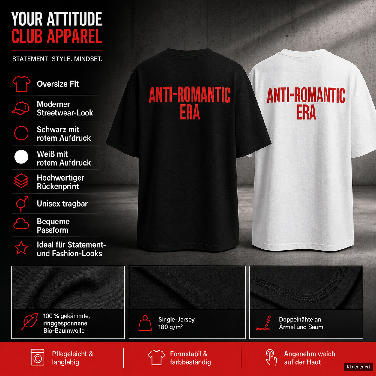 ANTI-ROMANTIC ERA – Weißes Oversize T-Shirt Unisex mit rotem Backprint | Statement Shirt Streetwear Bio-Baumwolle