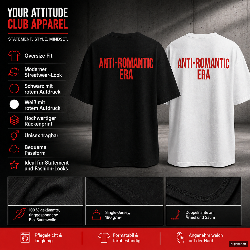 ANTI-ROMANTIC ERA – Schwarzes Oversize T-Shirt Unisex mit rotem Backprint | Statement Shirt Streetwear Bio-Baumwolle