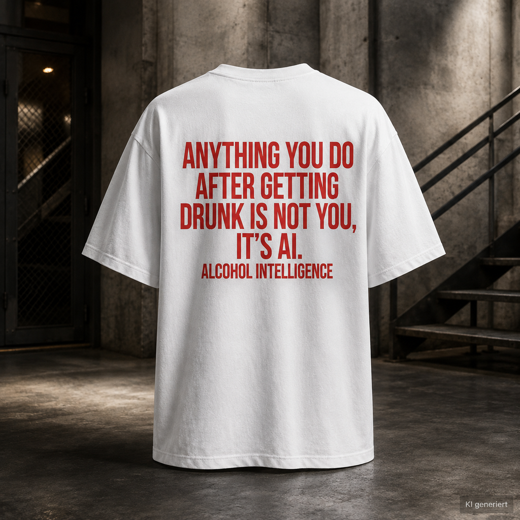 ANYTHING YOU DO AFTER GETTING DRUNK IS NOT YOU, IT’S AI – Schwarzes Oversize Unisex T-Shirt mit rotem Backprint | Statement Shirt