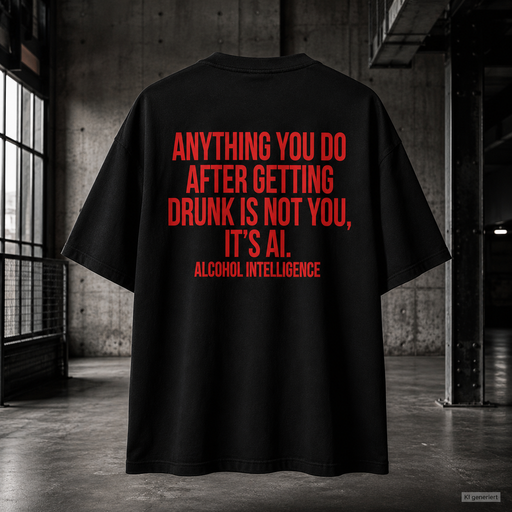 ANYTHING YOU DO AFTER GETTING DRUNK IS NOT YOU, IT’S AI – Weißes Oversize Unisex T-Shirt mit rotem Backprint | Statement Streetwear