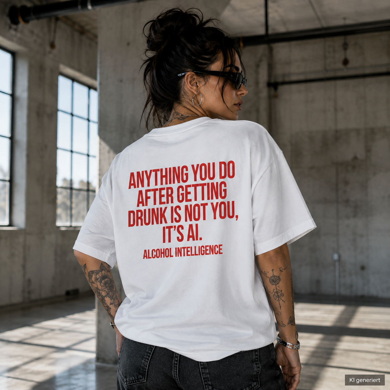 ANYTHING YOU DO AFTER GETTING DRUNK IS NOT YOU, IT’S AI – Schwarzes Oversize Unisex T-Shirt mit rotem Backprint | Statement Shirt