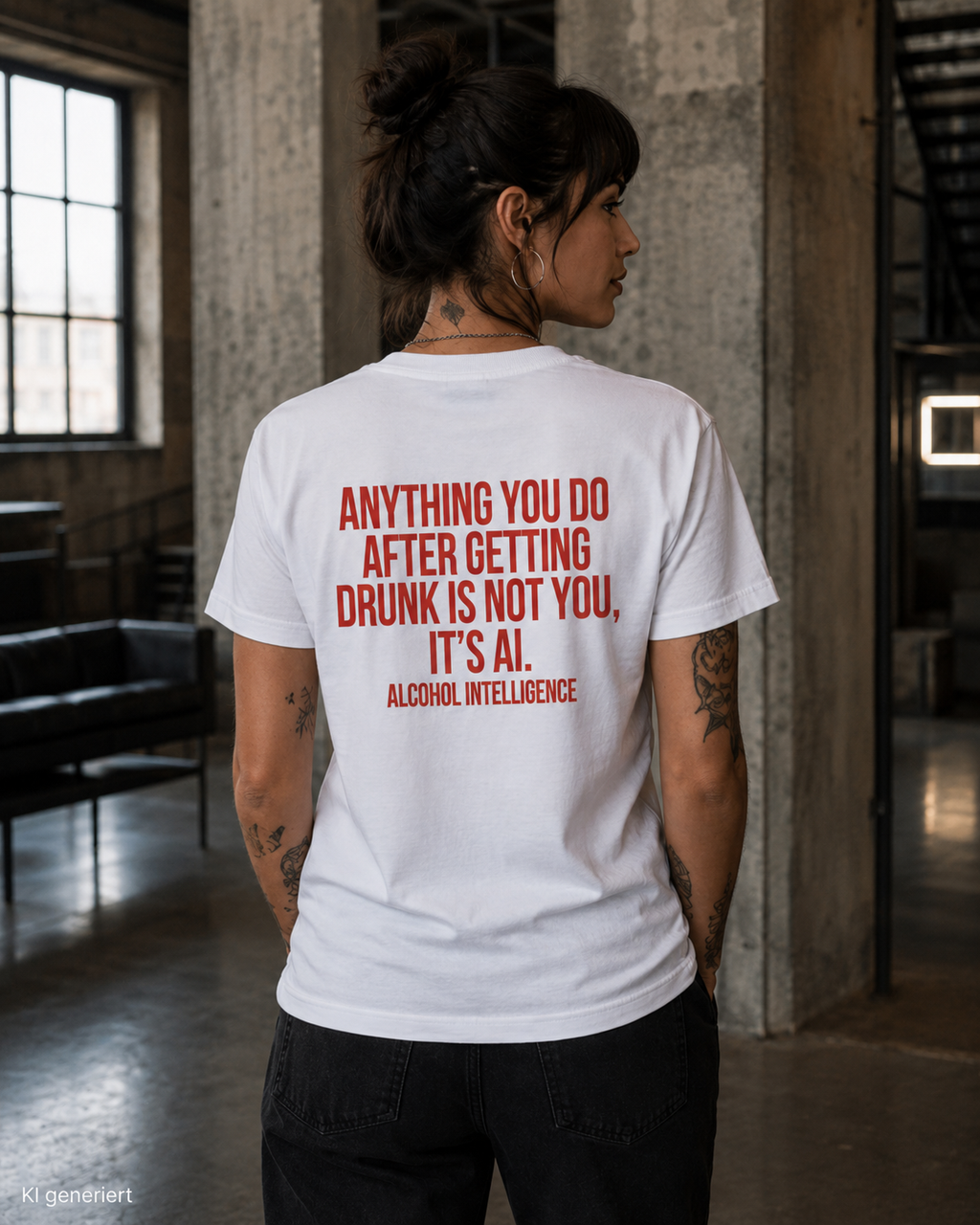 ANYTHING YOU DO AFTER GETTING DRUNK IS NOT YOU, IT’S AI. – Weißes Regular Fit Unisex T-Shirt mit Backprint | Statement Shirt S–5XL