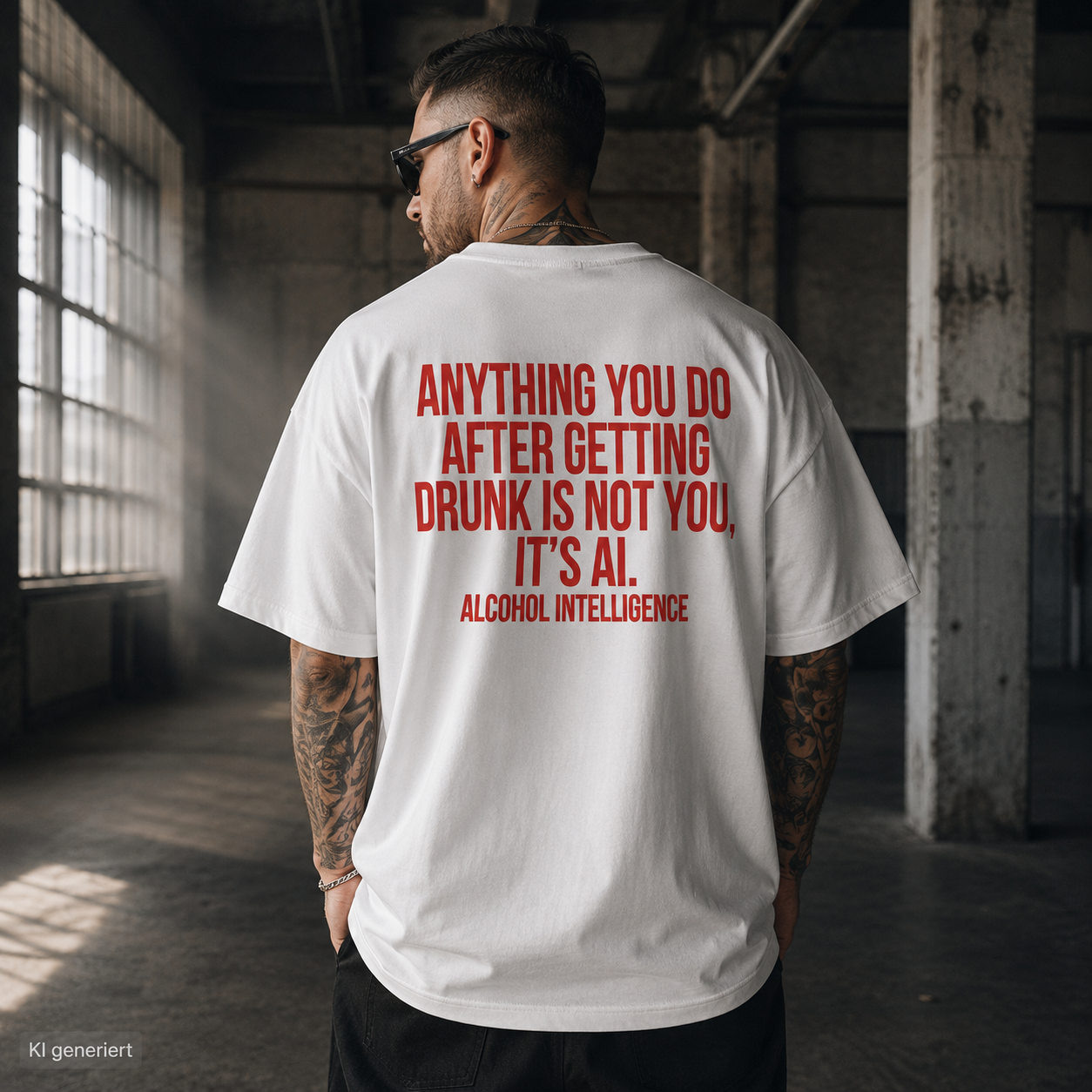 ANYTHING YOU DO AFTER GETTING DRUNK IS NOT YOU, IT’S AI – Weißes Oversize Unisex T-Shirt mit rotem Backprint | Statement Streetwear