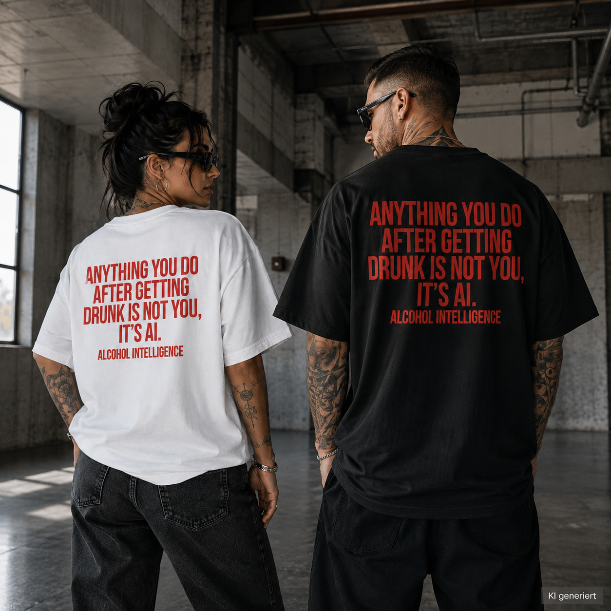 ANYTHING YOU DO AFTER GETTING DRUNK IS NOT YOU, IT’S AI – Weißes Oversize Unisex T-Shirt mit rotem Backprint | Statement Streetwear