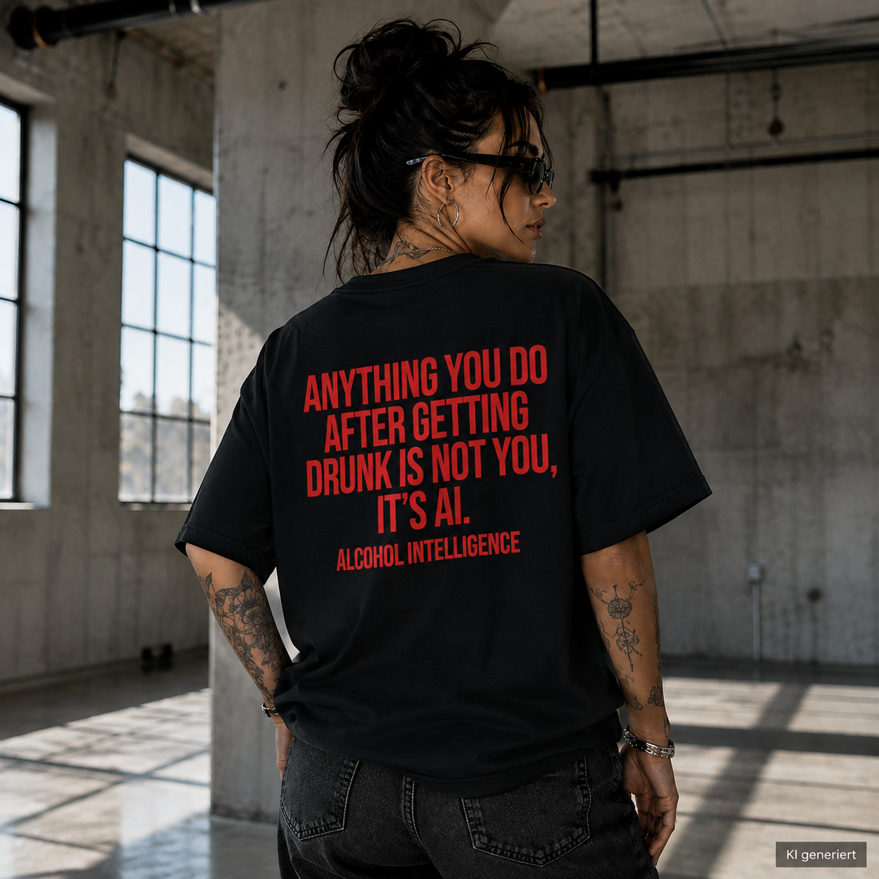 ANYTHING YOU DO AFTER GETTING DRUNK IS NOT YOU, IT’S AI – Schwarzes Oversize Unisex T-Shirt mit rotem Backprint | Statement Shirt