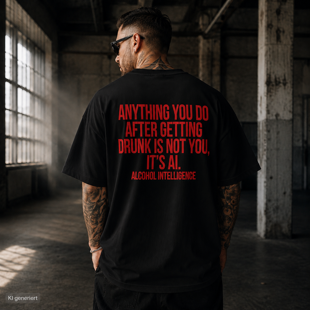 ANYTHING YOU DO AFTER GETTING DRUNK IS NOT YOU, IT’S AI – Weißes Oversize Unisex T-Shirt mit rotem Backprint | Statement Streetwear