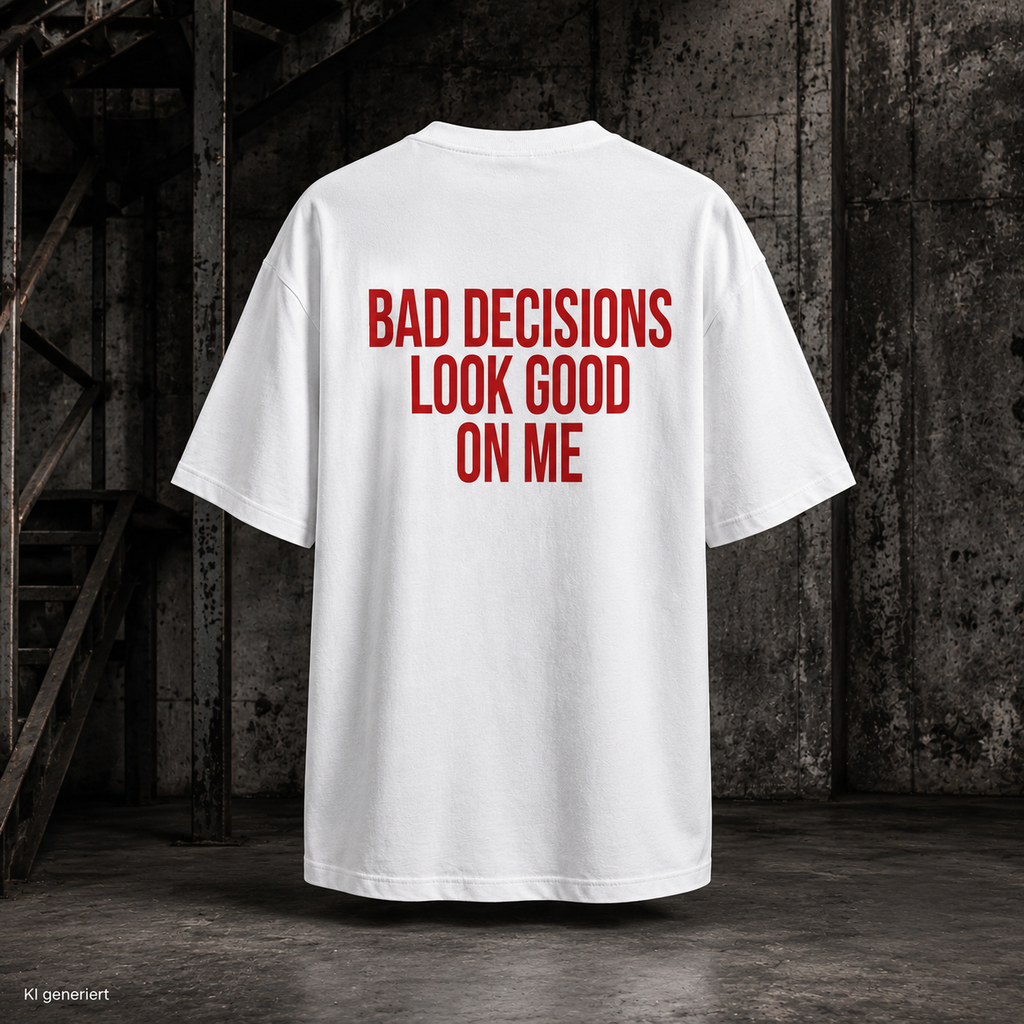 BAD DECISIONS LOOK GOOD ON ME – Weißes Oversize T-Shirt Unisex mit rotem Backprint | Statement Shirt Streetwear