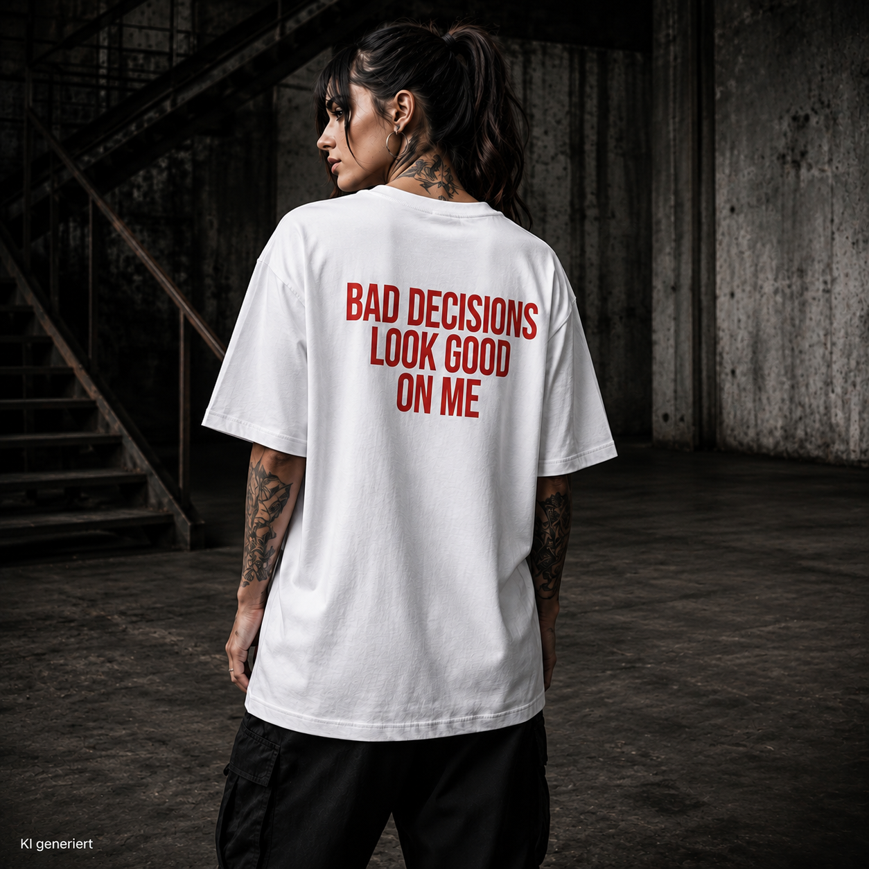 BAD DECISIONS LOOK GOOD ON ME – Weißes Oversize T-Shirt Unisex mit rotem Backprint | Statement Shirt Streetwear