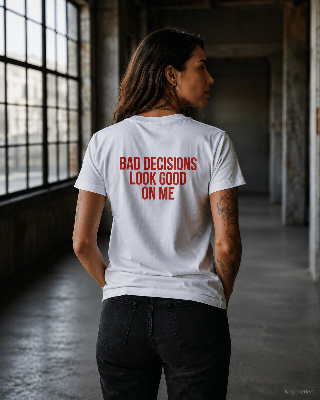 BAD DECISIONS LOOK GOOD ON ME – Weißes Regular Fit Unisex T-Shirt mit Backprint | Statement Shirt Streetwear S–5XL