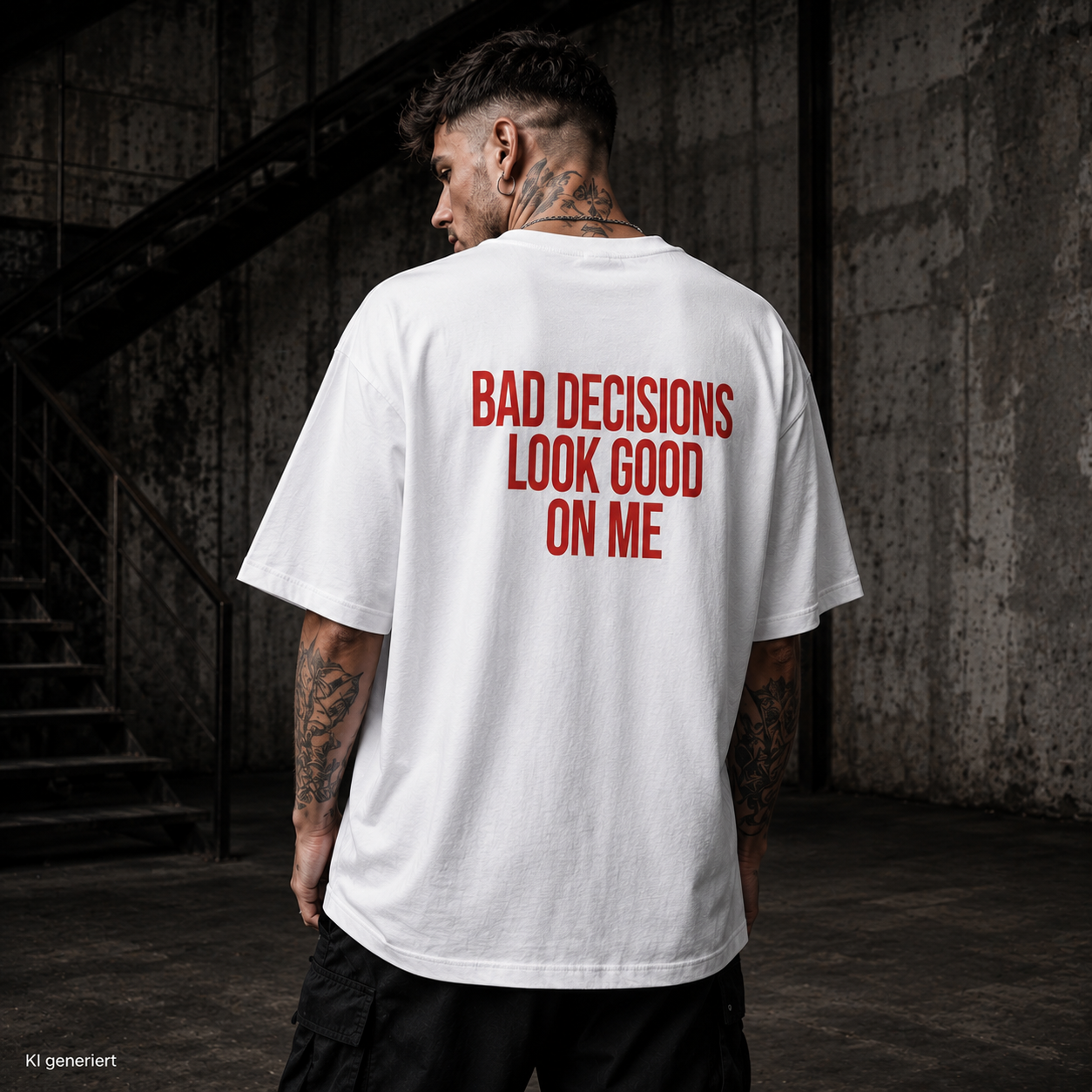 BAD DECISIONS LOOK GOOD ON ME – Weißes Oversize T-Shirt Unisex mit rotem Backprint | Statement Shirt Streetwear