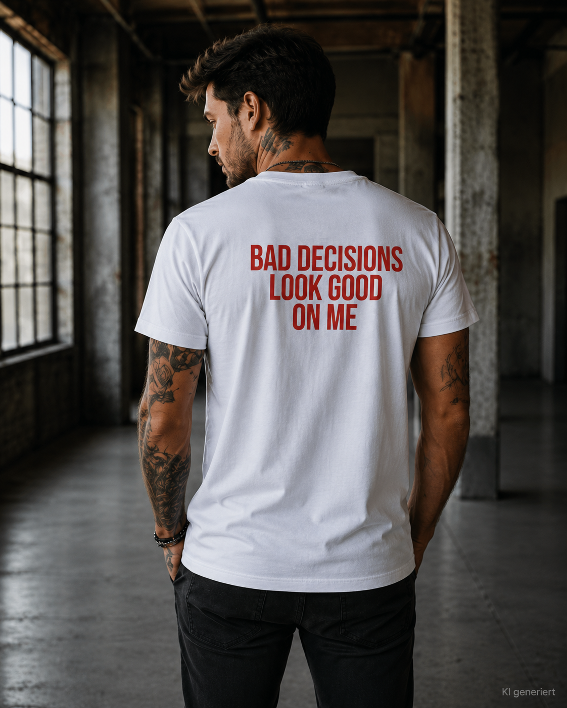 BAD DECISIONS LOOK GOOD ON ME – Weißes Regular Fit Unisex T-Shirt mit Backprint | Statement Shirt Streetwear S–5XL