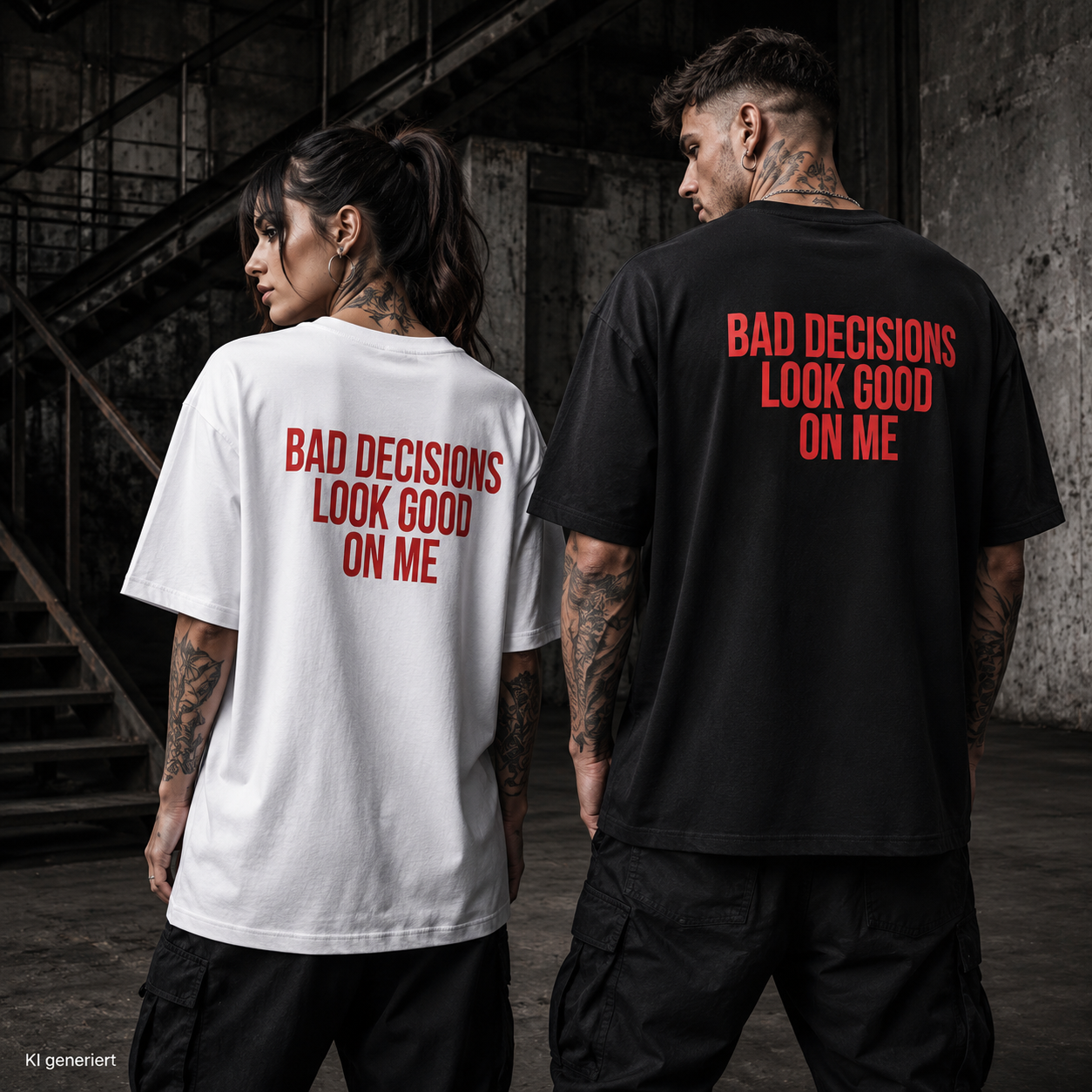 BAD DECISIONS LOOK GOOD ON ME – Weißes Oversize T-Shirt Unisex mit rotem Backprint | Statement Shirt Streetwear