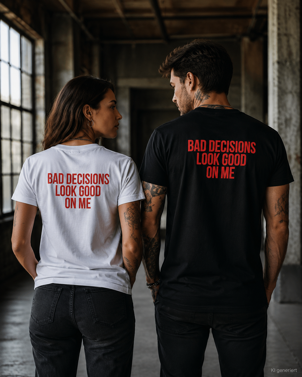 BAD DECISIONS LOOK GOOD ON ME – Weißes Regular Fit Unisex T-Shirt mit Backprint | Statement Shirt Streetwear S–5XL