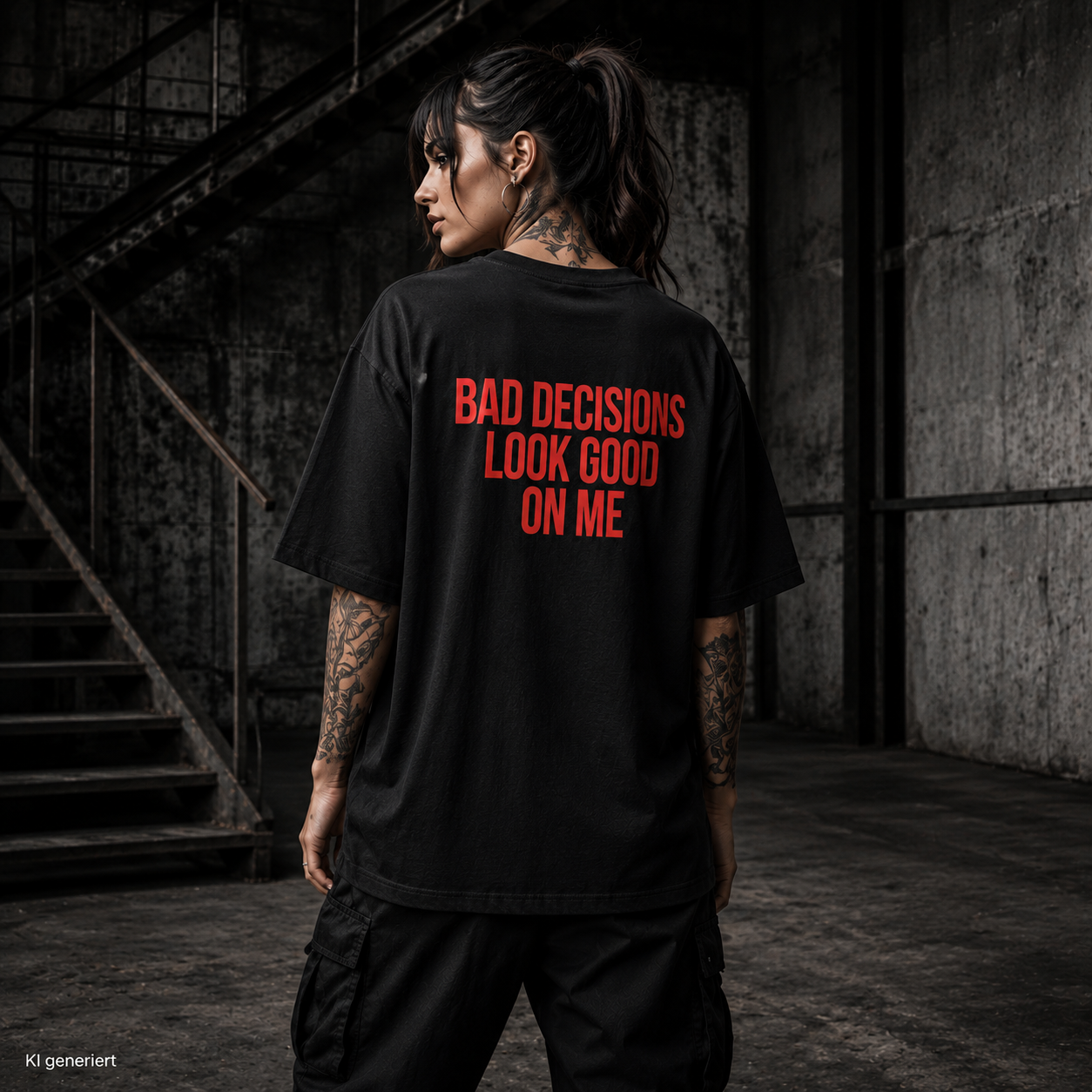 BAD DECISIONS LOOK GOOD ON ME – Schwarzes Oversize T-Shirt Unisex mit rotem Backprint | Statement Shirt Streetwear