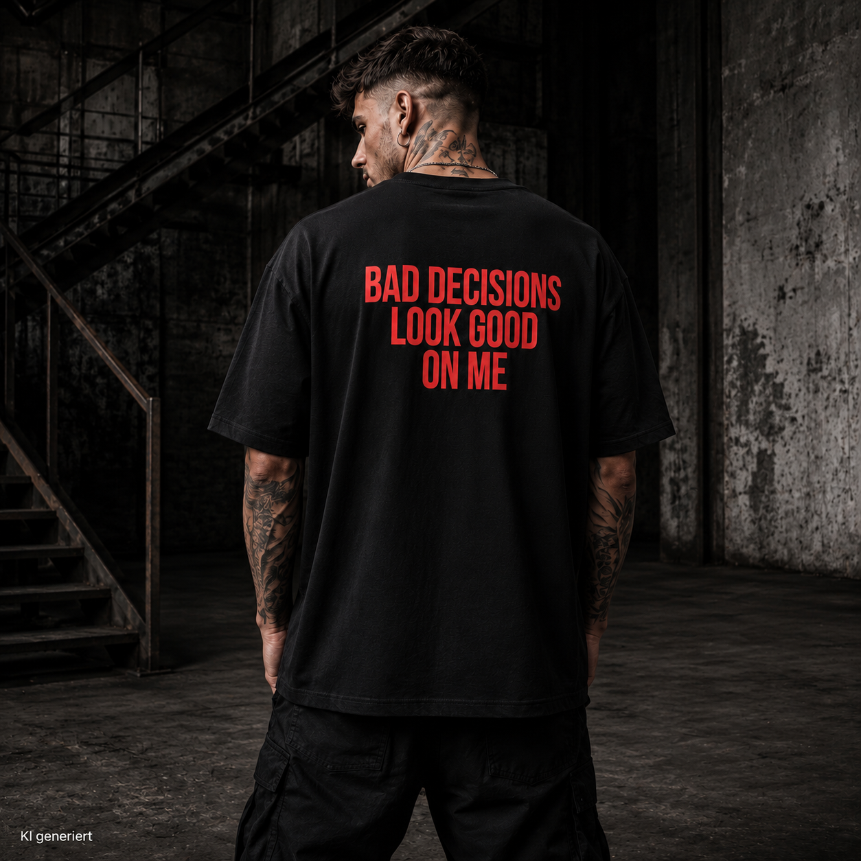 BAD DECISIONS LOOK GOOD ON ME – Schwarzes Oversize T-Shirt Unisex mit rotem Backprint | Statement Shirt Streetwear