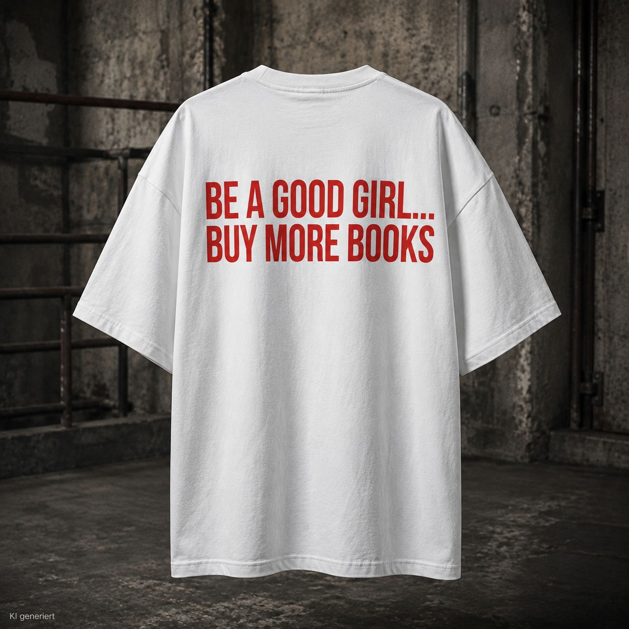BE A GOOD GIRL... BUY MORE BOOKS – Weißes Oversize T-Shirt Unisex mit rotem Backprint | Book Lover Statement Shirt Streetwear