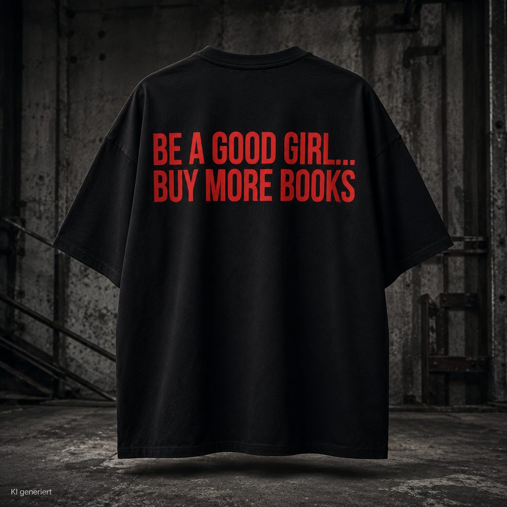 BE A GOOD GIRL... BUY MORE BOOKS – Weißes Oversize T-Shirt Unisex mit rotem Backprint | Book Lover Statement Shirt Streetwear