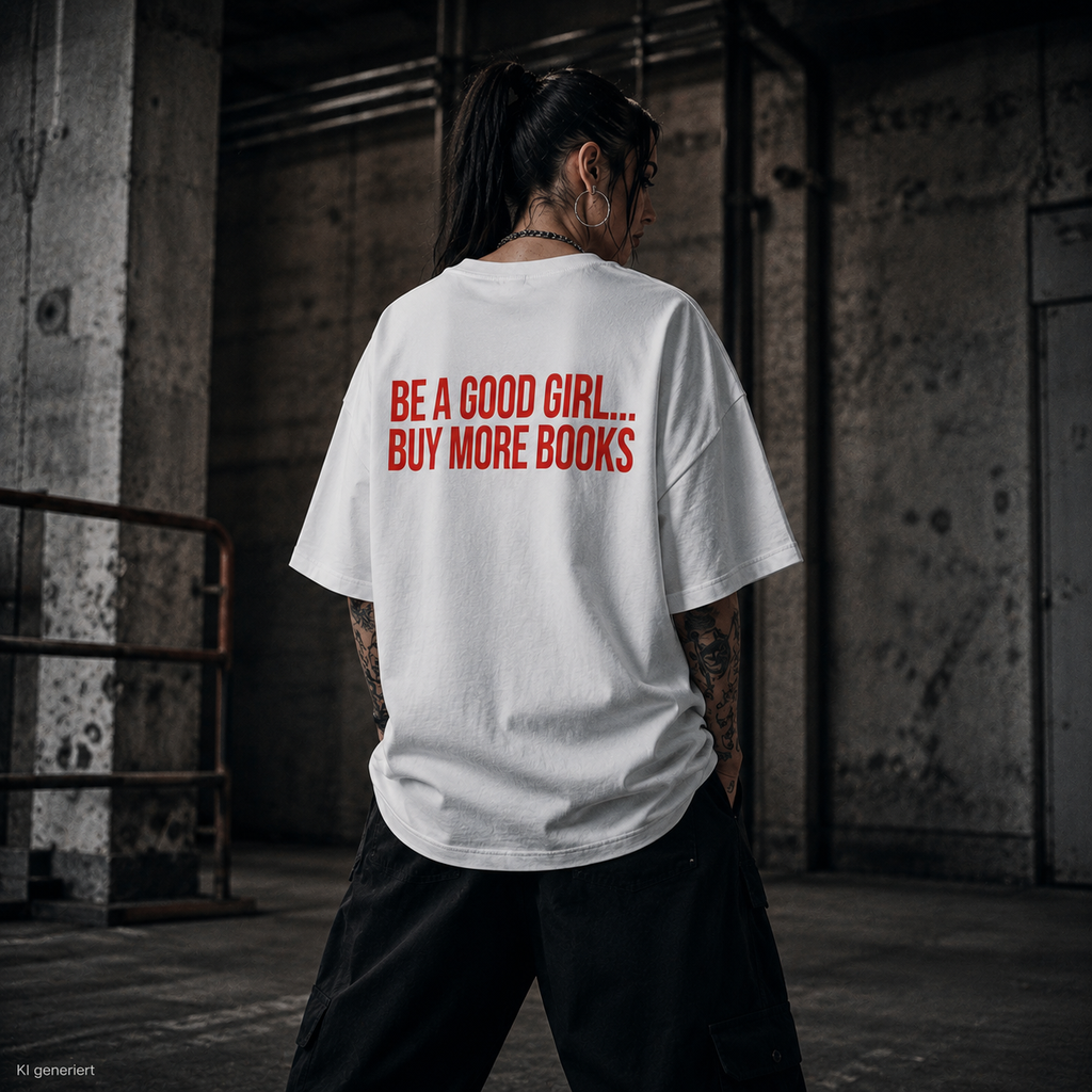 BE A GOOD GIRL... BUY MORE BOOKS – Weißes Oversize T-Shirt Unisex mit rotem Backprint | Book Lover Statement Shirt Streetwear