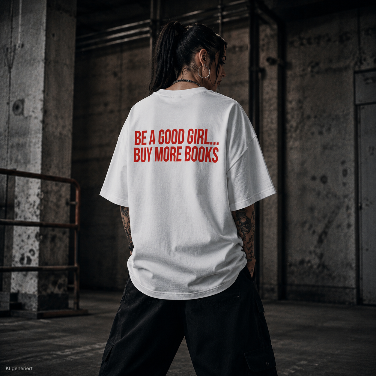BE A GOOD GIRL... BUY MORE BOOKS – Weißes Oversize T-Shirt Unisex mit rotem Backprint | Book Lover Statement Shirt Streetwear